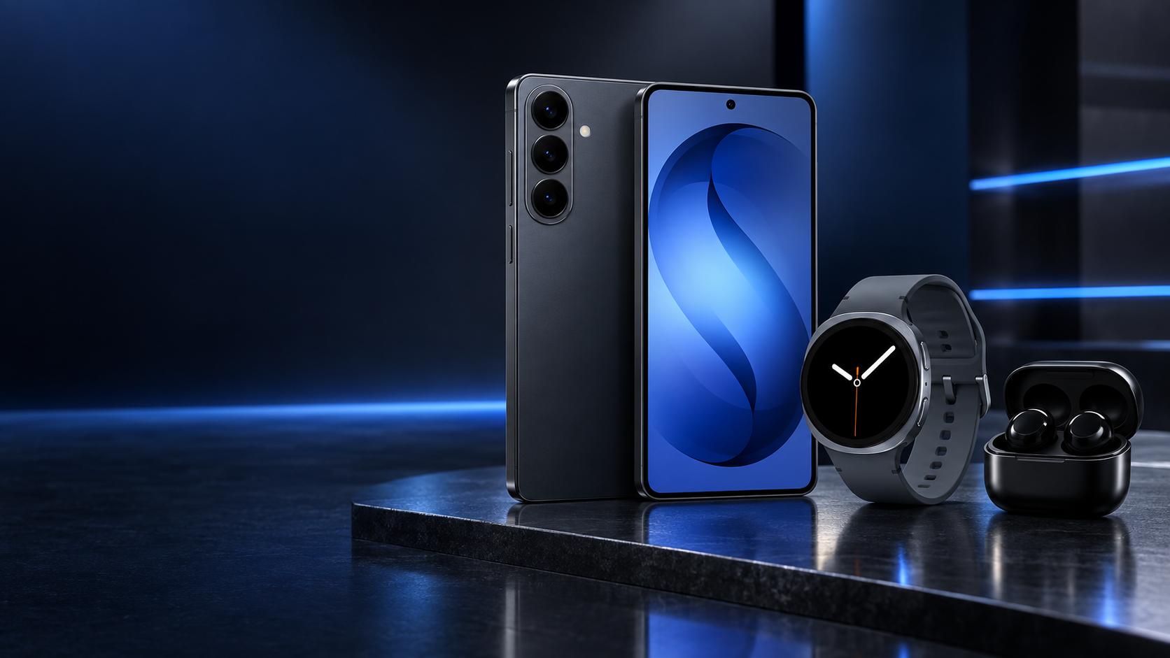 Galaxy S26+, Galaxy Watch8 e Galaxy Buds Core em cenário Modern Tech